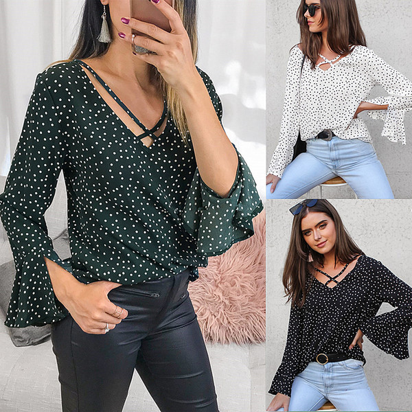 Maikun Brand New Casual Dot Point Long Flare Sleeve Chiffon T-shirts for Women 3 Colors 4 Sizes