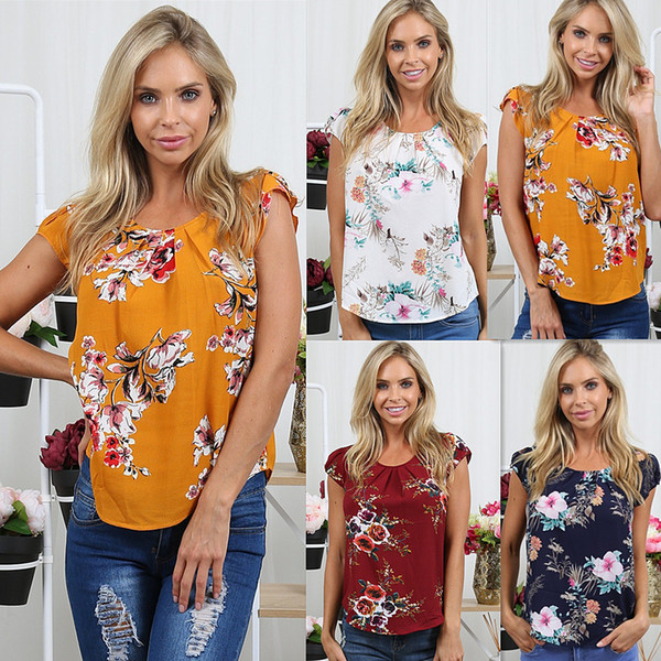 Maikun Brand New Floral Printing Round Collar Short Sleeve T-shirt for Women 4 Colors 5 Sizes