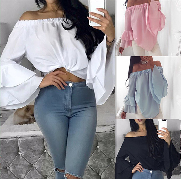 Maikun Brand New Candy Color Off Shoulder Chiffon Shirt for Women Fashion Long Sleeve T-shirt For Female