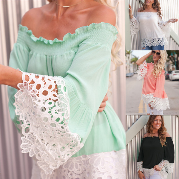 Maikun Brand New Lace Panelled Off Shoulder Chiffon Fashion Shirt for Women 4 Colors 4 Sizes