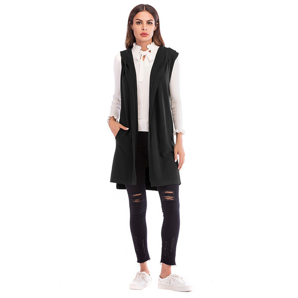 Women's Solid Color Loose Sleeveless Vest In The Long Hooded Knit Cardigan Coat Women Female Popular Trend Style jooyoo