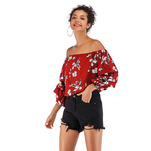 New Word Collar Tube Top Shirt Female Europe And America Loose Sexy Strapless Printed Chiffon Shirt Popular jooyoo