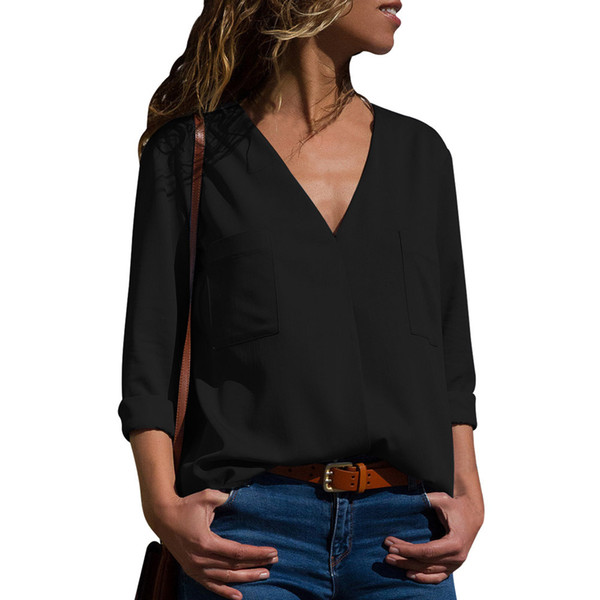 Women's New V-neck Long-sleeved Shirt Personality Fashion Trend Wild Pocket Solid Color Sleeve Large Size Shirt 251334