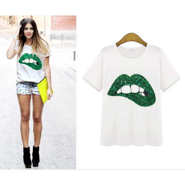 2017 women's t-shirts Sex Green Red Lips print fashion ZSIIBO brand new t-shirt short sleeve o-neck tops tees plus size white casual NV35-F