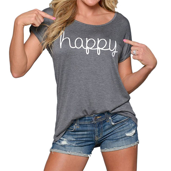 women's t shirt Happy Letter Printed Summer T Shirt Fashion Short Sleeve Top Tees O Neck Casual T-shirts Camisetas Mujer NV28 RF