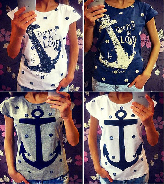 Fashion Hot T Shirts for women ship's anchor print t-shirt navy sailor short sleeve tops plus size femininas tees tshirt NV07 RF