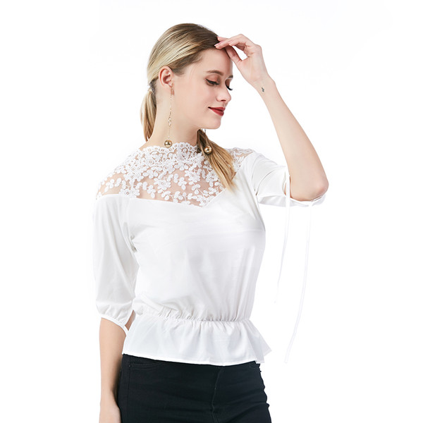 Beauty Garden Fashion Solid Casual Women Blouse Lace Patchwork O-Neck Half Sleeve Blouse Female Lantern Sleeve