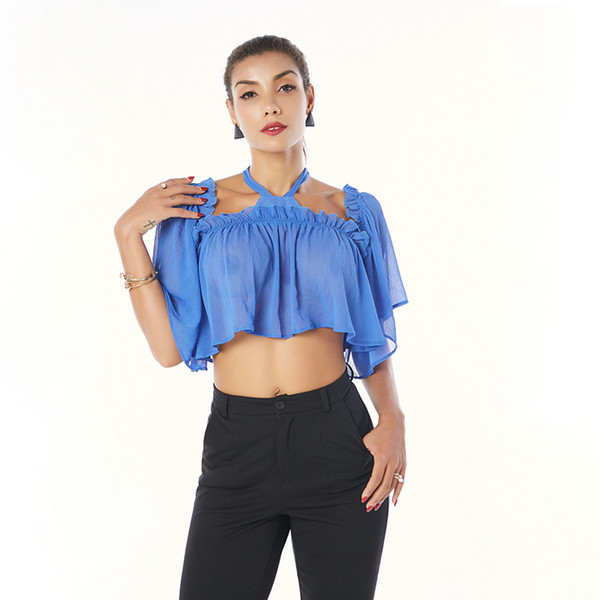 Beauty Garden Women New Fashion Halter Ruffles Backless Sexy Sheer Club Blue Short Tops Blouses Vests