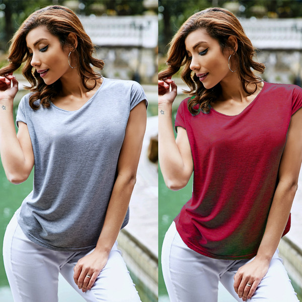 Women Clothes pink Tops New Fashion Solid Color Rear Fork Clothing Apparel Tees Breathablee Short Sleeve Casual T-shirt For Women