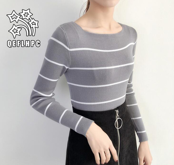 2018 spring autumn. Sweater. Black and white stripes. Women's clothes. Sweater. Long sleeves. Women's T-Shirt. Women's Tops & Tees.