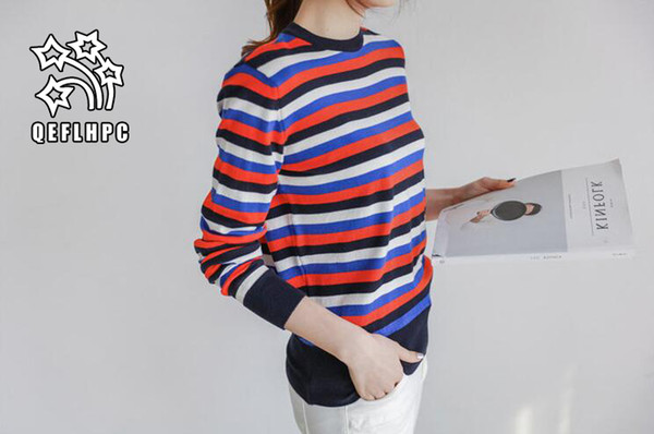 2018 spring autumn. Sweater. Black and white stripes. Women's clothes. Sweater. Long sleeves. Women's T-Shirt. Women's Tops & Tees. thin.