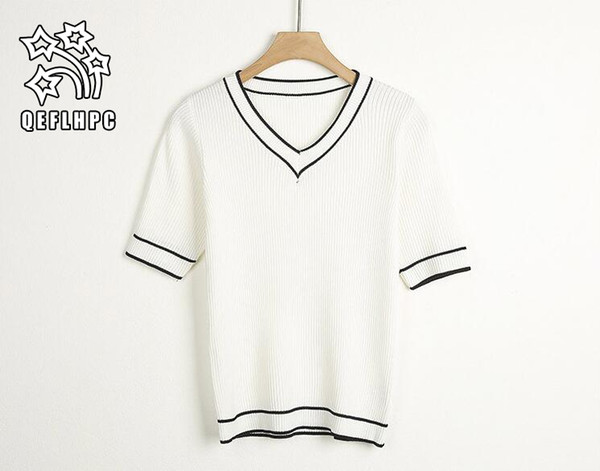 Summer. Ice silk. Sweater. Short sleeve. V collar. Student striped T-shirts. Women's bottoming blouses. Women's Clothing. Women's T-Shirt.