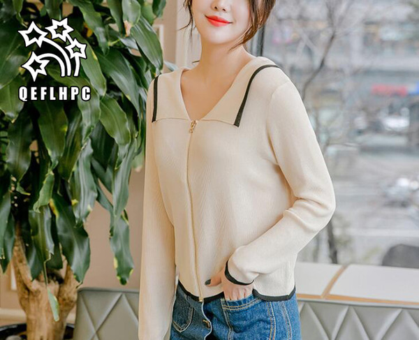 2018. Women's Clothing. V collar. Ice silk. Sweater. Long sleeves. Cardigan sweater. Women's Tops & Tees. Thin. Knitted fabric. Zipper.