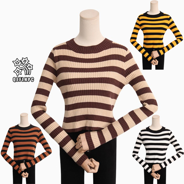 Striped Fashion casual ladies blouse Knitted sweater Winter Spring Keep warm Women Sweaters Long Sleeve Crew Neck Women Knits &Tees AF5371