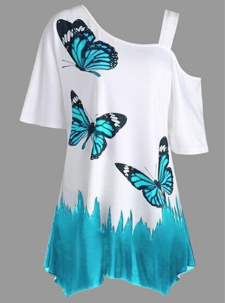 Womens Fashion Butterfly Print Tunic T-shirt Summer Cotton Tshirt Women Crop Top Short Sleeves T Shirt Plus Size S-5XL