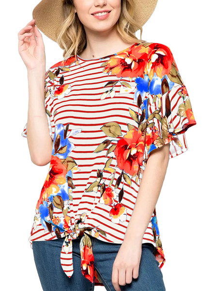 Women Summer Flower Printed Casual Tshirts Female Short Sleeves Crew Neck Tops Vacation Beach Tess Free Shipping