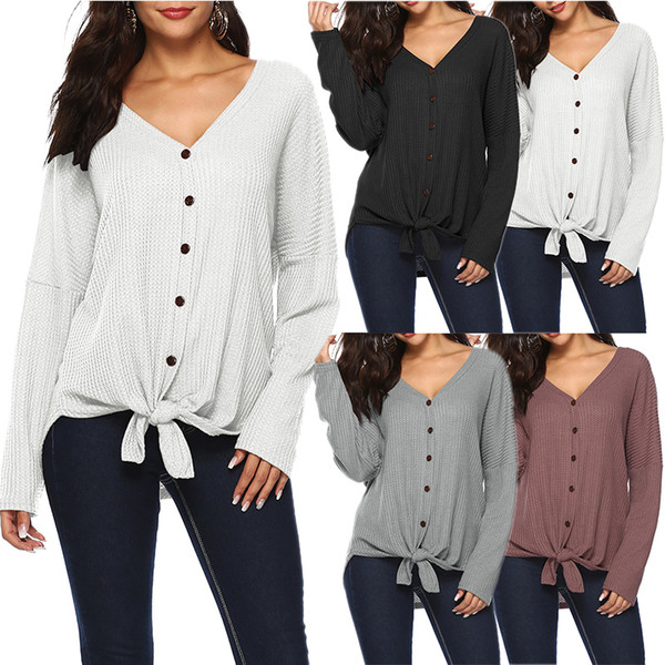 Hot Sale New Women V Neck Button Shirts Solid Long Sleeve Loose Cardigan Casual Knit Sweaters HY0374