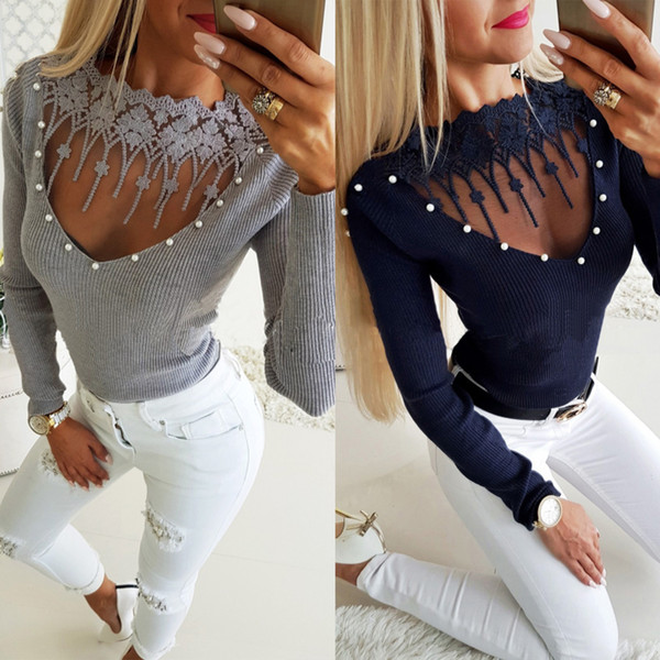 Sexy Tight Lace Leaky Sweater NEW Women Fashion Casual Sexy Lace Up Deep V-neck Bandage Long Sleeve Sweatshirt Plus Size TOP HY0454