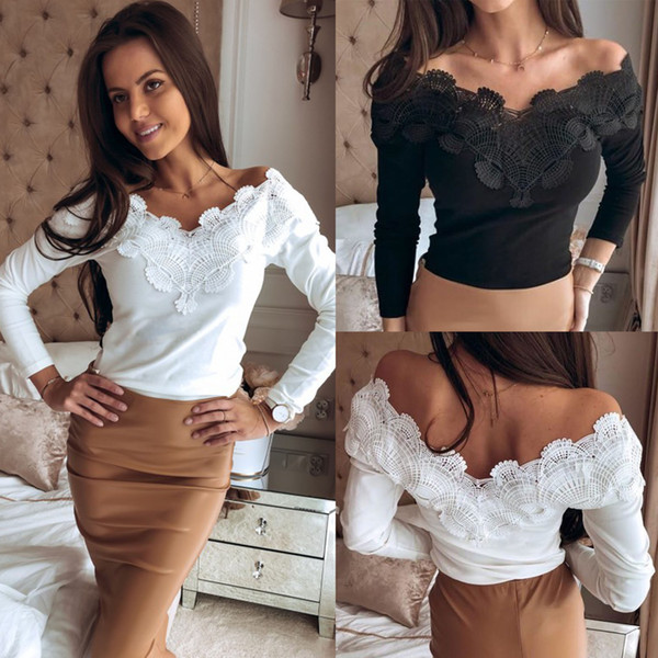 Spring Summer Women Double Lace Slim T-Shirt Ladies Long Sleeve Off Shoulder Strapless V-Neck Pullover T-Shirt Tops HY0455