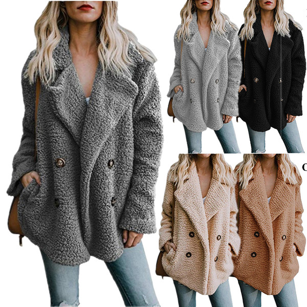 Hot Sale Warm Coat for Women Plush Button Lapel Pocket Jacket Coat for European and American Women HY0366