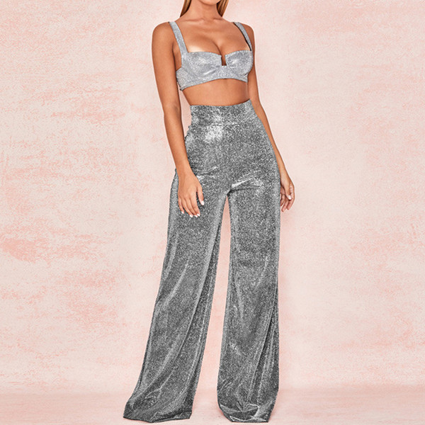 Hot Sale 2018 Silver High Waist and Wide Leg Pants for Women HY0370