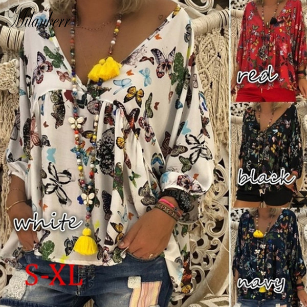 Women Fashion Casual Blouse Deep V-neck Chiffon Pullover Shirts Women Long Sleeve Casual Shirt Thin Butterfly Floral Printed Tops HY0131