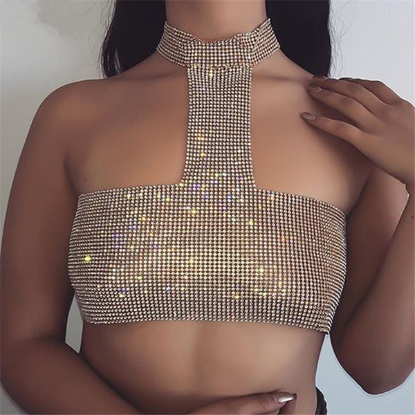 Summer 2019 Sexy Women's Fashion Sexy Nightclub Metal Rhinestone Tops High Quality Women Clothing Black Girls Evening Gowns