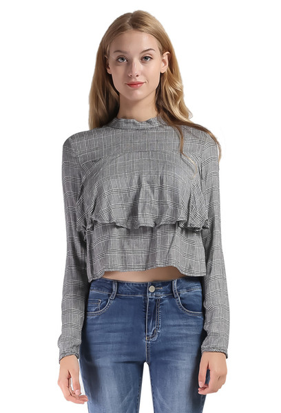 Vero Viva Womens Plaid Print Long Sleeve Double Layered Ruffle Crop Top Casual T-Shirt