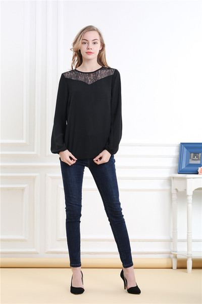 Vero Viva Women Lace Contrast Solid Round Neck Long Sleeve Casual Tee Shirt Tops