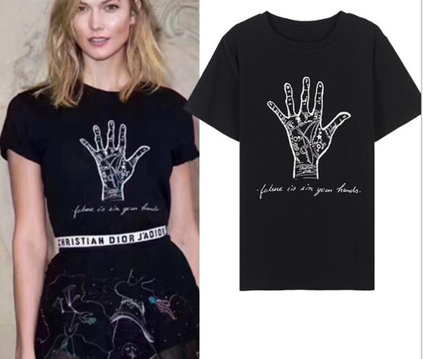 Brand Same Style T Shirts Women 2018 Black Letter Palm Print Short Sleeves Women's T Shirts M0079