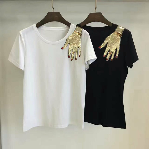 2017 Black/White Short Sleeves Women's T Shirts Pulm Sequins Mercerized Cotton Short T Shirts Women T061701