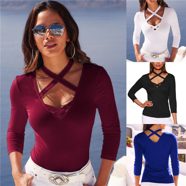 2019 Pydownlake Tie Back Halter Neck Casual T-shirt Women Cross Bandages Halter Long Sleeve Tops Sexy Lace Up Plain T-shirt