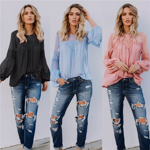 Pydownlake Women Blouse Shirt Patchwork Thin Chiffon Lace Long Sleeve See Through Spring Fashion Girl Female Sweet Shirt 2019 Blusas Casaul