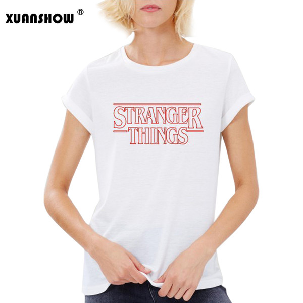 XUANSHOW Women Summer T shirt Streetwear O neck Black White Casual Stranger Things Printed Letters tshirt Womens Tops S-XXL