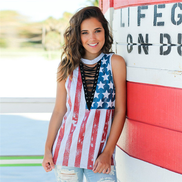 Women American Flag Printed Loose Sleeveless T-shirt Tops Blouse Cross Rive Belt Top Tees Sexy Cool T Shirt Clothing For Female FS5584