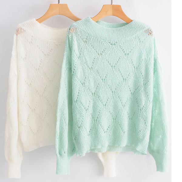 DIDI New Pattern Korean Mesh Knitting Round Neck Sleeve Head Sweater Woman Thin Section Woman White And Green DH451