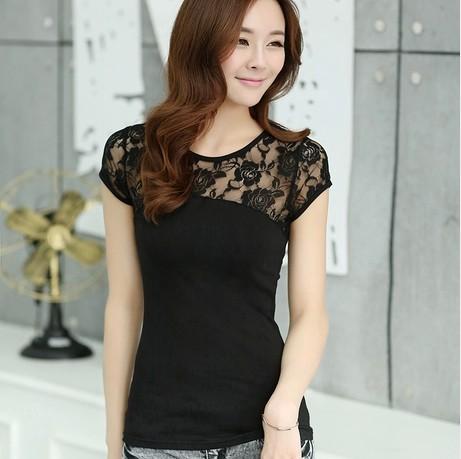 Top Quality Ladies Summer Lace Short Sleeve Patchwork T Shirt Elegant Lace White Black Blouse