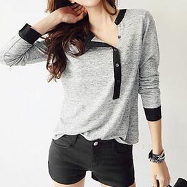 Top Quality Women Spring Autumn Long Sleeve Cotton T Shirt Casual Buttons Solid Blouse Gray Regular T Shirt M15147