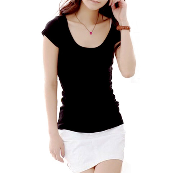 High Quality Women Summer Cotton Short Sleeve White Black T Shirt Casual V Neck SolidUShort Sleeve Blouse 834