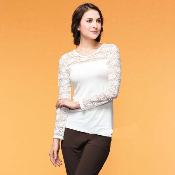 New Arrival Ladies' Spring Autumn Casual Cotton Lace Long Sleeve T Shirt V Neck Patchwork Blouse