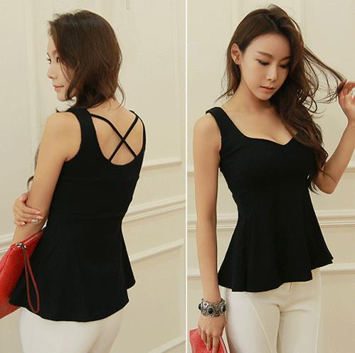 Top Quality Women's Summer Sexy Cotton V Neck RuffleTank Top Black Sleeveless Solid Patchwork Back Cross T Shirt