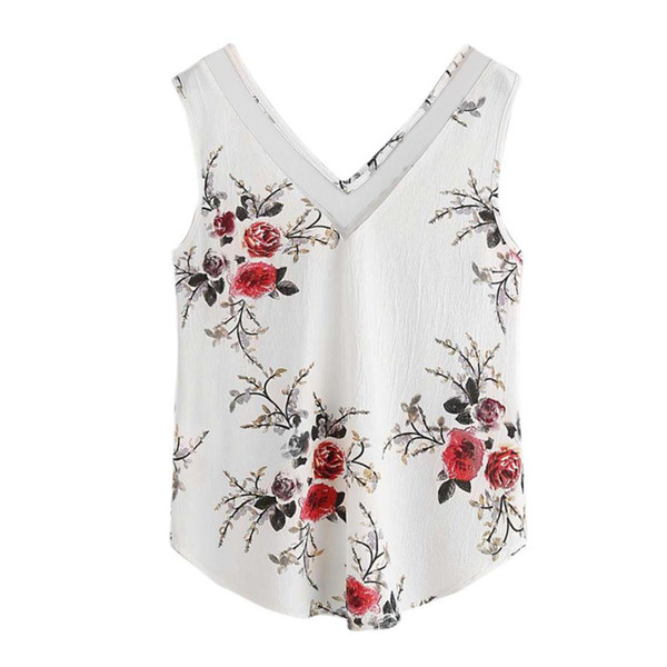 New Arrival 2017 Summer Women Tops Floral Mesh Splicing Button V-Neck Sleeveless Cropped Tank Tops Sexy Ladies Top