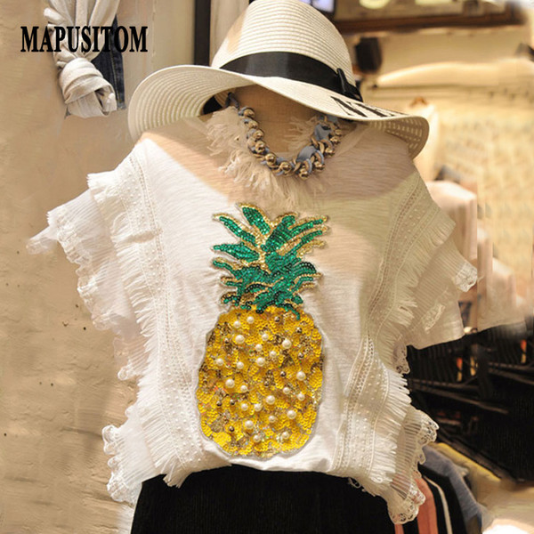 MAPUSITOM New T Shirt Women Short Sleeve T-shirt Bead Sequin Pineapple Tee Shirt Femme Casual Summer Tshirt for Women Tops 2017