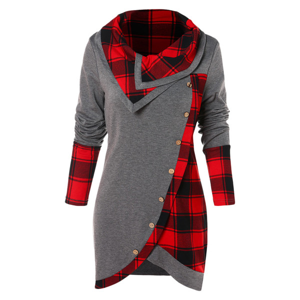 Wipalo Tartan Panel Asymmetrical Women T-Shirt Turn Down Collar Long Sleeve Button Up Women Tops Casual Color Block Tees