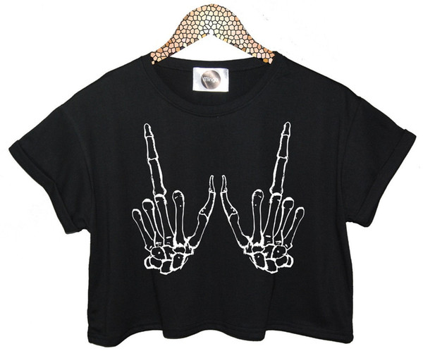 Wholesale- 2016 Summer Style Plus Size Womens SKELETON HANDS T SHIRT TEE CROP TOP BONES HIPSTER PUNK SWAG RETRO FASHION VTG cropped