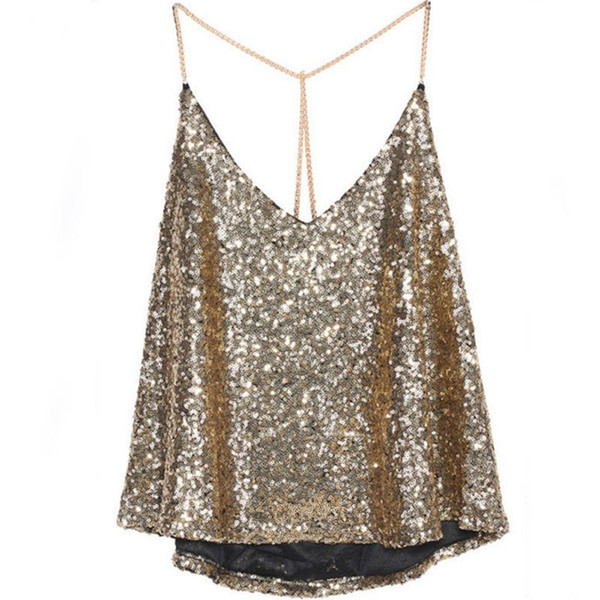 Wholesale- New Ladies Bling Sleeveless Deep V Neck Sexy Camis Sequins Tee Tops T-shirt Hot