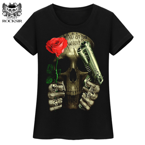 ROCKSIR summer gun and rose Printed women T-shirts casual cotton skull t shirts women black Short Sleeve rose tops T-Shirt