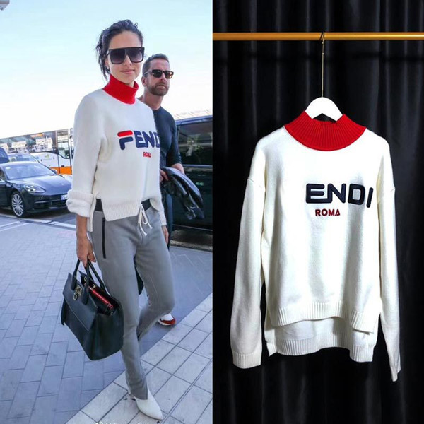 2018 autumn new wool blend turtleneck sweater color matching three-dimensional embroidery letters white pullover sweater women