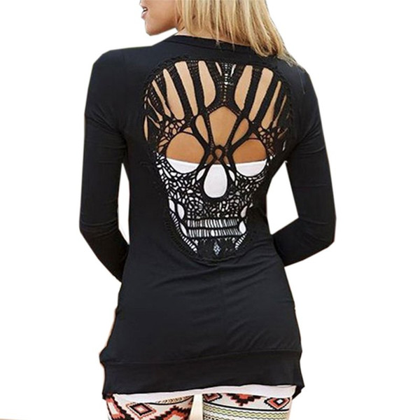 Wholesale- Women's Casual Jacket Jumper Tops T Shirt Long Sleeve Sexy Back Skull Cut Out Tees Shirts