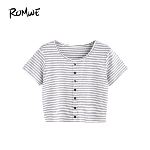 ROMWE T shirt Women Crop Top Ladies Summer Tee Shirt Contrast Striped Round Neck Short Sleeve Crop T-shirt With Buttons